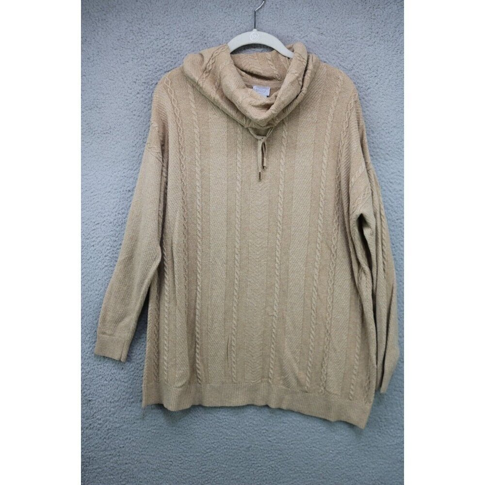 Chico's Zenergy Cowl Neck Tie Cable Knit Tunic Sweater- 2 or Large-2% Cashmere